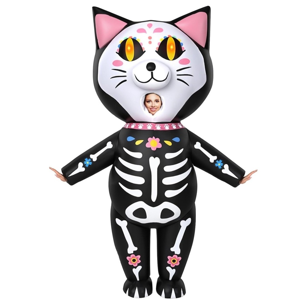 Black Skeleton Cat Inflatable Pet Costume with Pink Accents